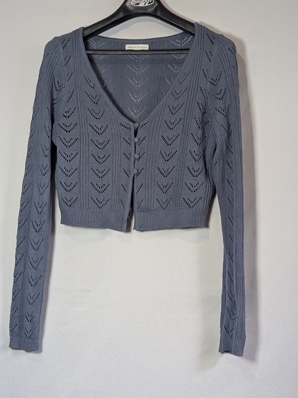 Aéropostale Dusty Blue Eyelet Knit Cropped Cardigan Sweater Size L